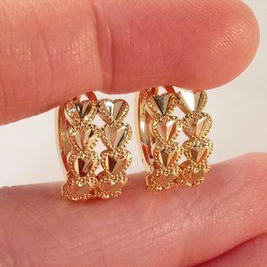18K Yellow Gold Filled Laser Carved Heart Huggie Earrings 15mm Women's Classic